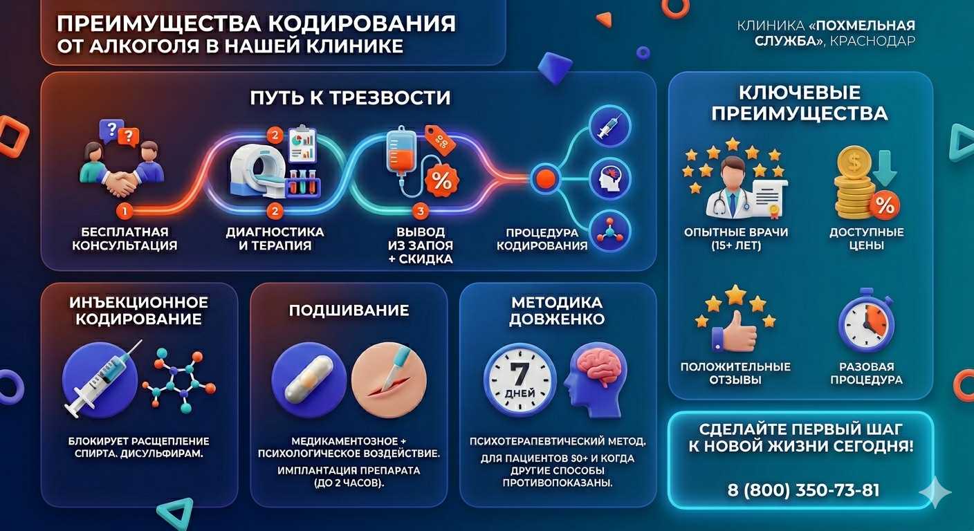Инфографика о методах кодирования от алкоголя в Заюково: инъекции, подшивание, метод Довженко. Преимущества клиники и этапы лечения.