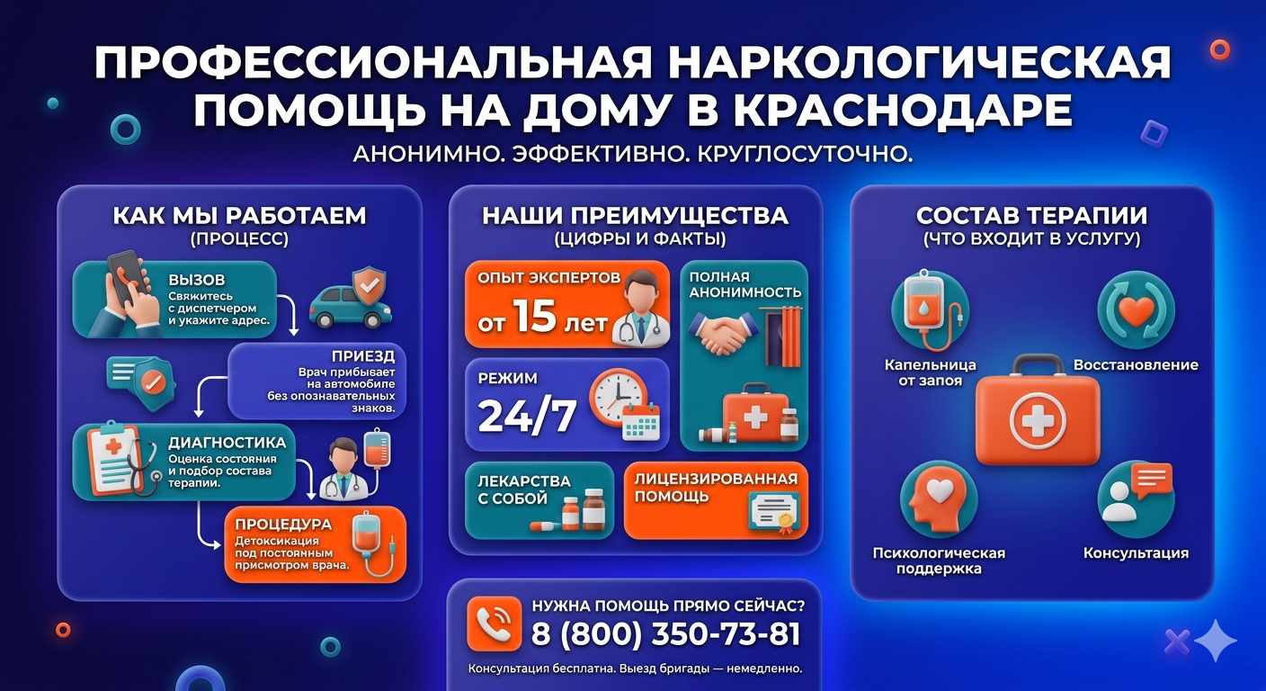 Инфографика о принципах лечения алкоголизма на дому в Заюково: этапы вызова нарколога, преимущества анонимной детоксикации и состав медицинской помощи.